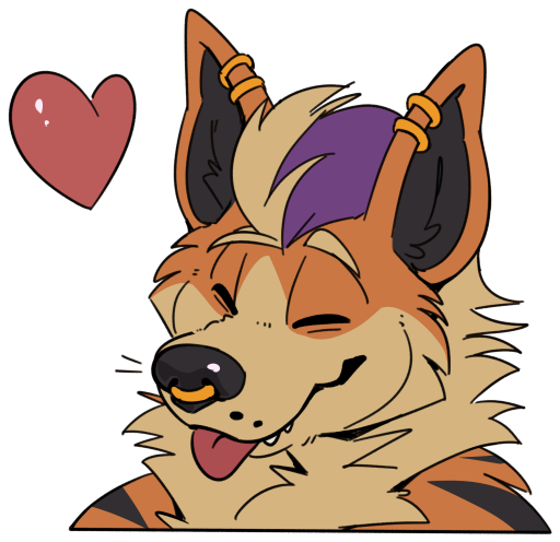 A dog with a purple streak in their head fur. They have a gold nose ring along with two gold earrings in each ear. Their tongue is sticking out and their eyes are closed with a heart above them.